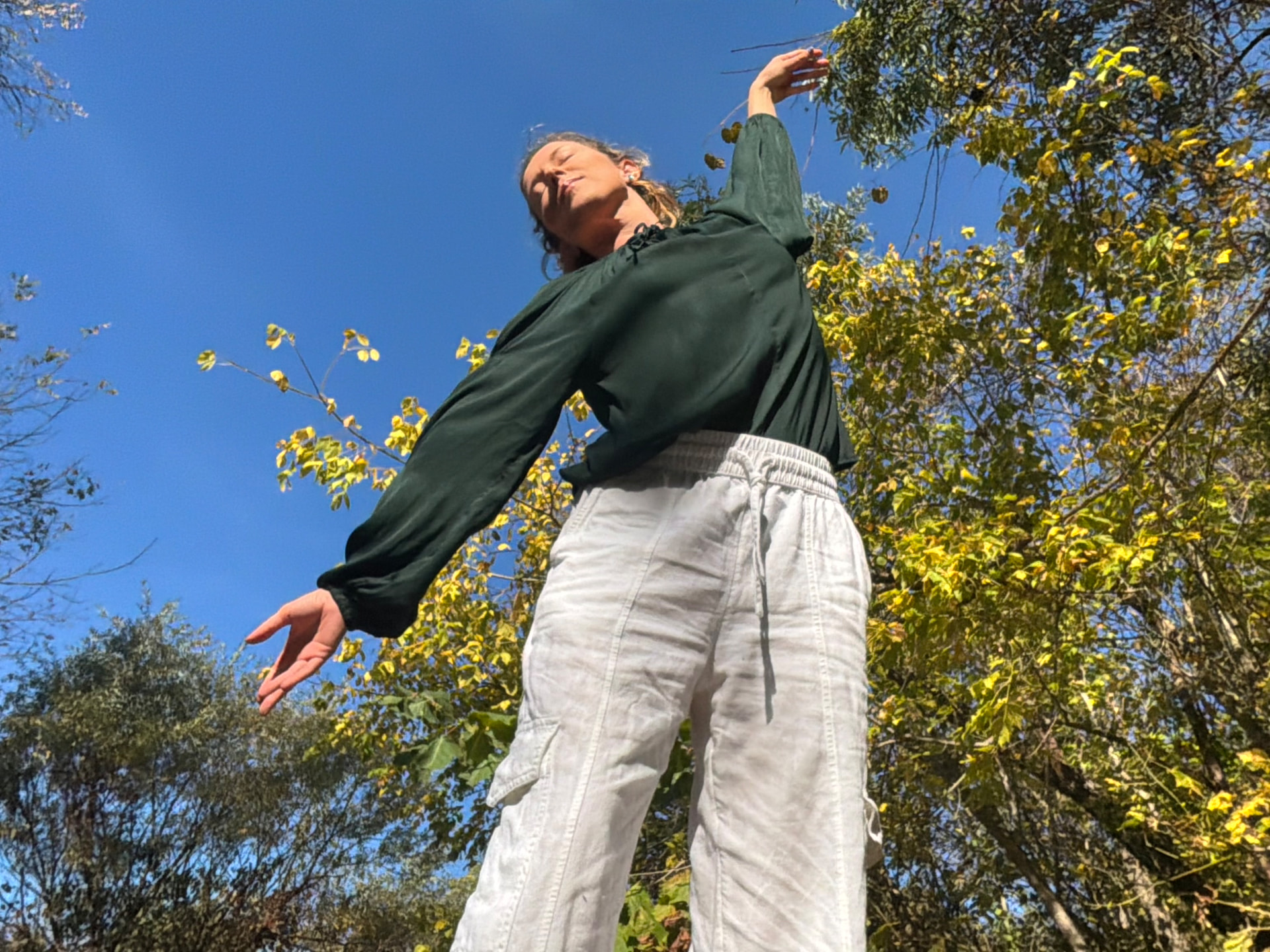 Hazel stretching beneath autumn trees